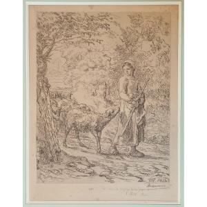 1st State (on 7) Of A Print By Bracquemond After Millet – "the New Born Lamb", 1886, Signed