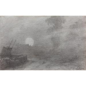 Edmond Eugène Valton (1836-1910) – Landscape Caught In The Fog, Signed Drawing