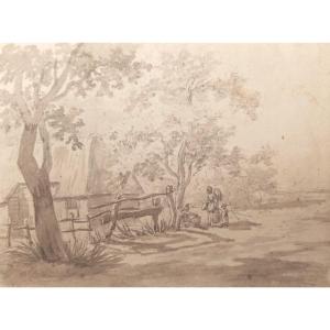 Jcw Safft (amsterdam, 1778-1849) – Silhouettes In Front Of A Dutch Cottage, Pencil, Brown Wash