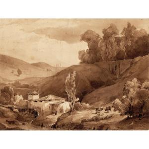 Léopold Leprince, 1827 - Landscape Of The French Countryside, Farm And Aill, Drawing, Signed