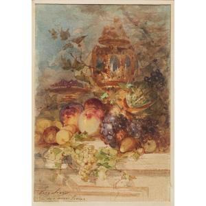 Marius Engalière (1824-1857, Marseille), Still Life With Summer Fruits, Watercolor, Signed