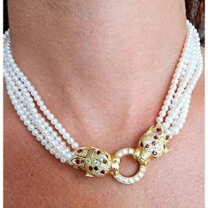 Rare 5-strand Pearl Necklace With Ruby And Diamond Gold Clasp 