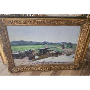 Oil On Canvas Rural Landscape By Meret Emile Louis (1866-1939) Circa 1900 Period Gilt Frame