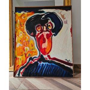 Oil On Canvas By Marcel Pouget 'tete De Peintre' 1962