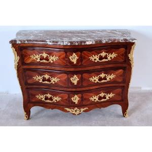 Curved Commode In Marquetry And Golden Bronzes, Louis XV Period Around 1750