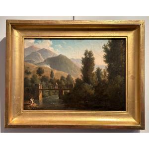 Oil On Canvas From The Early 19th Century Representing 2 Women Conversing At The Edge Of A River