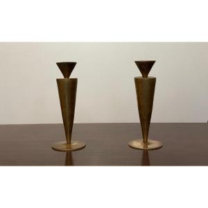 Pair Of Modernist Brass Candlesticks