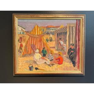 On The Beach, Oil On Cardboard By Georges Gaudion Circa 1920