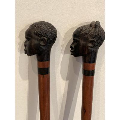Two Africanist Canes In Carved Wood Colonial Work From The 1950s