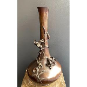 Vase With Lilies, Japanese Bronze Late 19th Century 