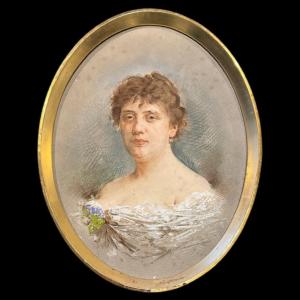 Charles Guillaume Brun (1825–1908) – Portrait Of A Woman In Pastel – Belle époque