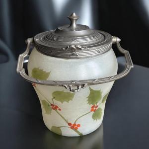 Art Nouveau Enamelled Glass Biscuit Pot With Pewter Frame – Circa 1900