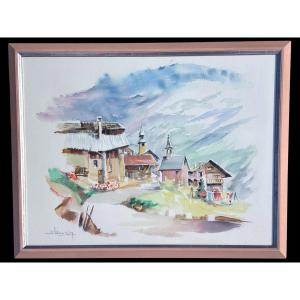 Joseph Megly (20th Century) – Original Watercolor – Alpine Village Scene