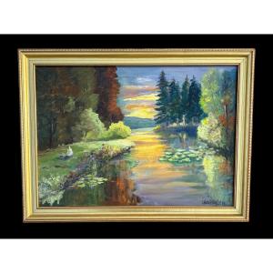 Jean Vincent-viry (1920–2011) – Landscape By The Water, Sunset, Oil On Canvas.