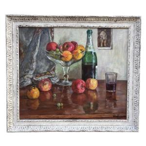 Boris Lavrenko, Russia (1920–2001) – Fruit And Champagne, 1981, Still Life Oil On Canvas.