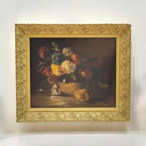 G. Lamy – Still Life With A Bouquet Of Chrysanthemums Oil On Canvas 20th Century