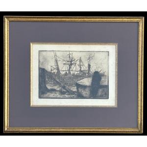 Antique Engraving – Port Scene With Steam And Sailing Ships – 19th Century