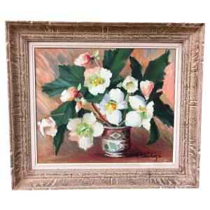 Oil On Canvas – Bouquet Of White Flowers – Signed Uhart Cize