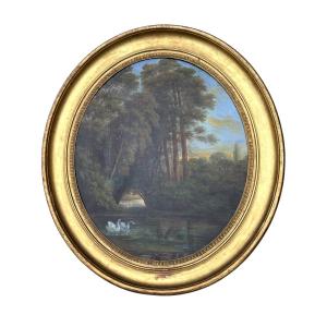 Charming Landscape With Swans – French School – Signed Anna Chesuel – Oil On Canvas 19th Century