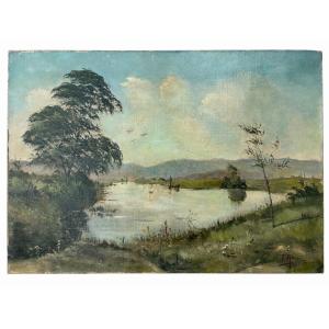 François Renaudin (1866–1944) – Animated Landscape With A Pond – Oil On Canvas Signed