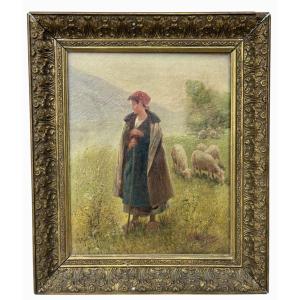 A. Barligny – Shepherdess And Flock, French School, Oil On Canvas Circa 1900