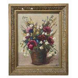 Bouquet Of Flowers In An Earthenware Vase – Oil On Canvas Circa 1900 Signed