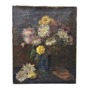 19th Century French School – Still Life With Chrysanthemums Oil On Canvas