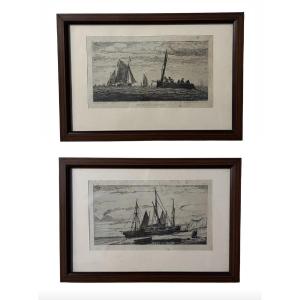 Set Of Two 19th Century Etchings – Marine Scenes, Signed Eby And Engraved By Berthelemy