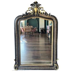 Large Napoleon III Mirror – Blackened And Gilded Wood – 75 X 115 Cm 19th Century