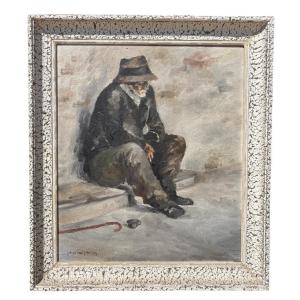 Seated Beggar – Oil On Canvas Signed Pierre Adrien – Circa 1930