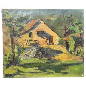 Sunny Farm – Oil On Canvas Signed, Unidentified Artist (56 X 46 Cm)