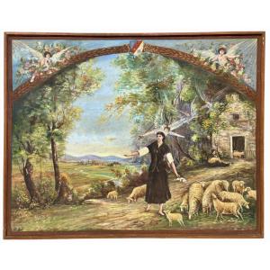 Large Oil On Canvas – Joan Of Arc Shepherdess Surrounded By Angels – Signed H. Holk – Circa 1930