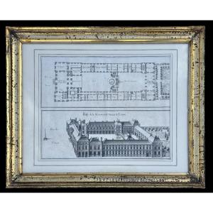 Antique Engraving By Matthäus Merian (1593-1650) – Plan And Elevation Of The Lyon City Hall