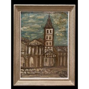 Mr. Bonnafous – “the Abbey Church Of Saint-papoul” – 1968 Painting On Panel