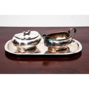 Antique Silver Tray With Sugar Bowl And Milk Jug