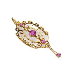 Old Gold Pendant With Rubies And Pearls