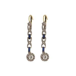 Art Deco Style Gold Drop Earrings With Diamonds And Sapphires.