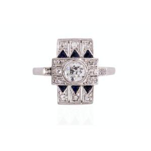 Geometric Ring With Diamonds And Sapphires In Art Deco Style.