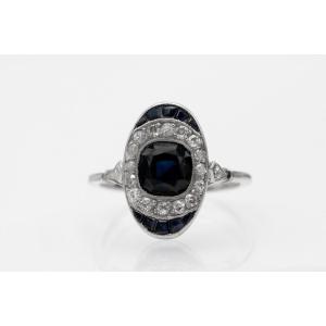Art Deco Ring In Platinum With Sapphires And Diamonds.