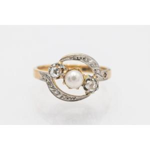 Antique Gold Ring With Rose-cut Diamonds And A Pearl, France.