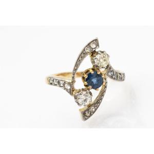 Antique Gold Ring With Sapphire And Diamonds, 1900s, France