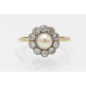 Gold Daisy Ring With Pearl And Diamonds, Early 20th Century.