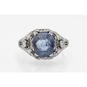 Art Deco Platinum Ring With Impressive Sapphire And Diamonds, 1930s.