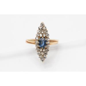Antique Ring With Sapphire And Marquise-shaped Diamonds