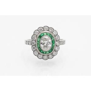 Exclusive Ring With 1.00 Ct Diamonds And Emeralds, Mid-20th Century