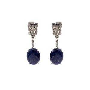 Art Deco Drop Earrings In Platinum With Lapis Lazuli And Diamonds