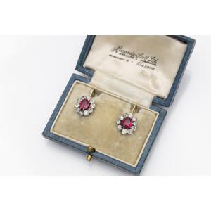 Vintage Flower Earrings With 1.60 Ct Diamonds And Synthetic Rubies