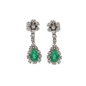 White Gold Drop Earrings With Emeralds And Diamonds
