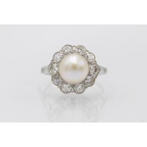 Platinum Ring With Pearl And 1.00 Ct Diamonds, Mid-20th Century.