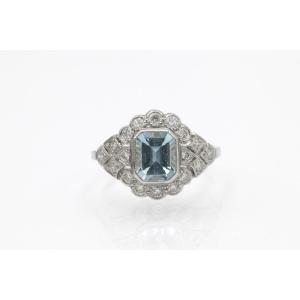 Art Deco Platinum Ring With Aquamarine And Diamonds